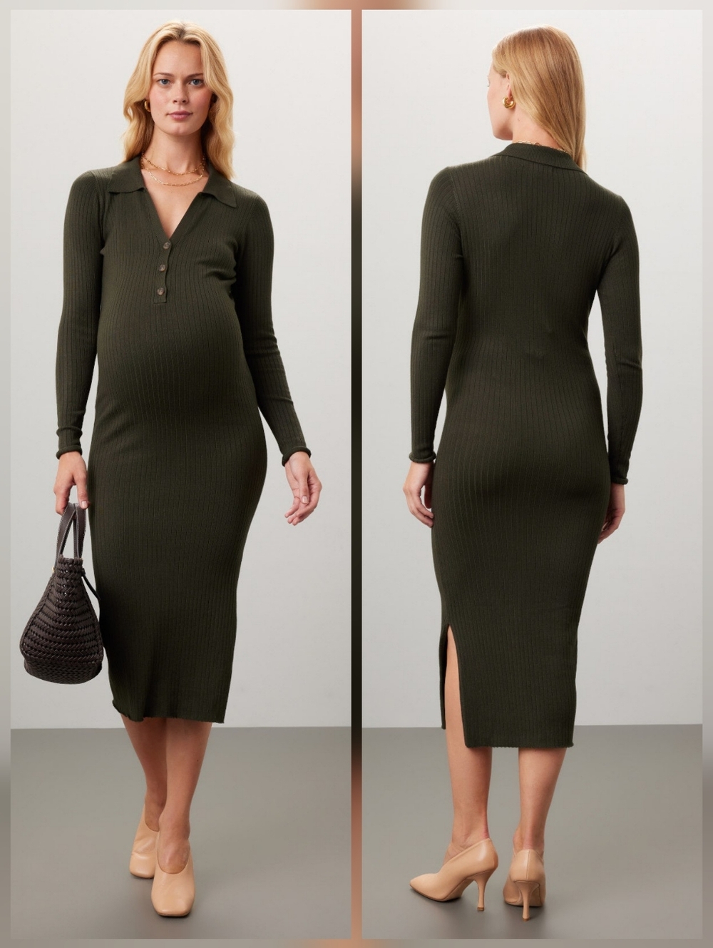 Ripe Sammy Knit Polo Dress Sweater Sheath Long Sleeves Size L